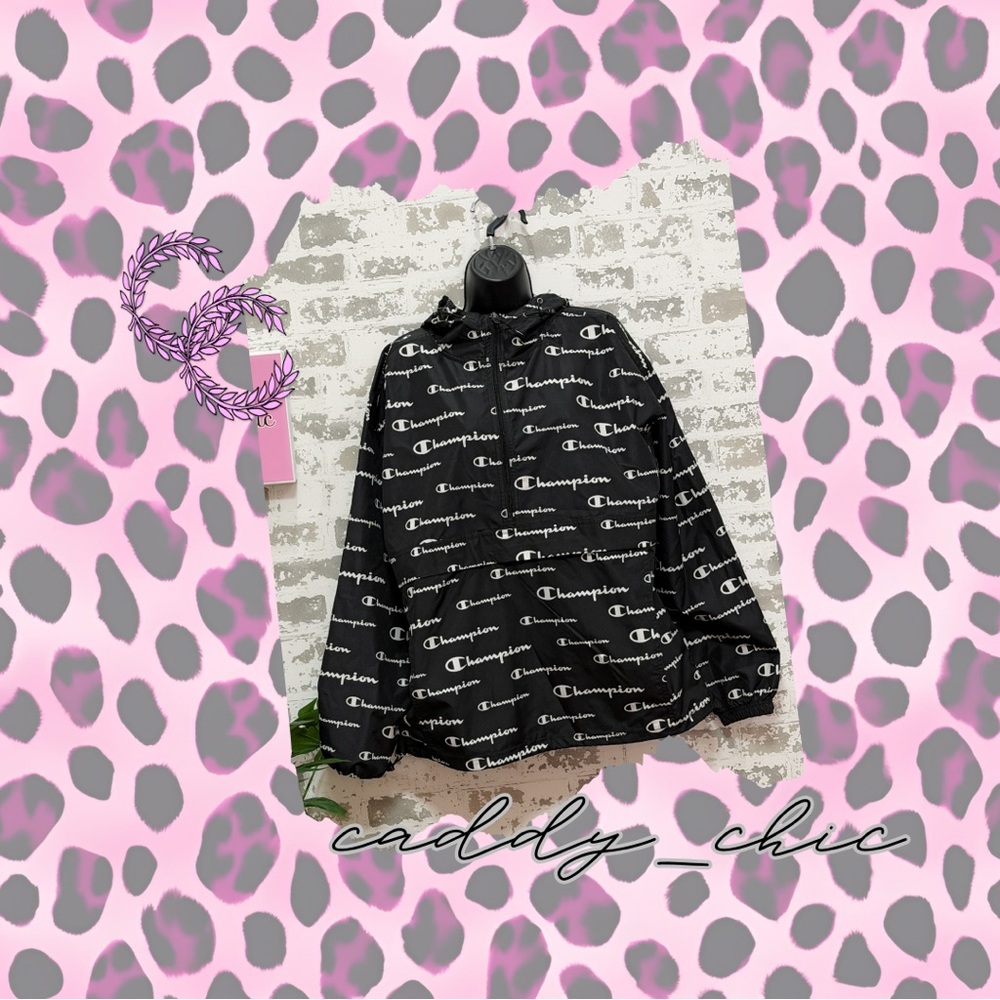 Champion Black Half Zip Hooded Raincoat Size L – Allover Logo Print EUC